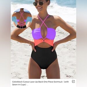 NWT XXL Women’s Cutout One Piece Swimsuit Black Neon Purple Orange Bathing suit